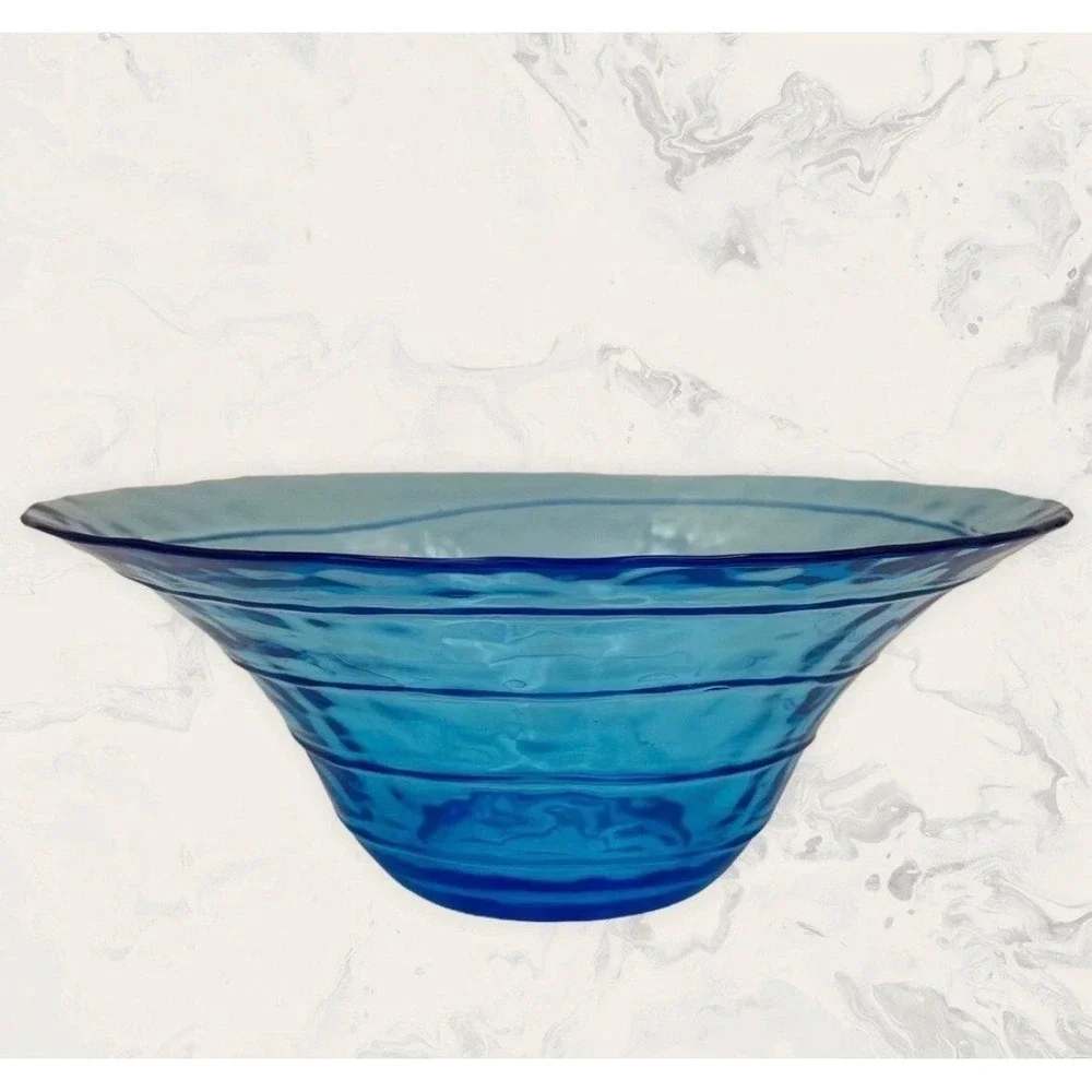 Turquoise Blue Glass Decorative Bowl Wavy Rim Textured Centerpiece 11.5 Inch